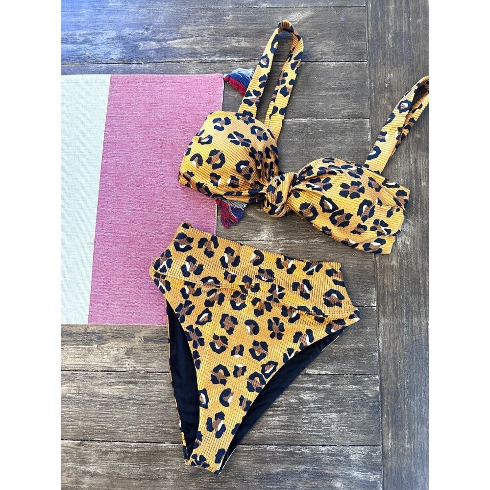 NEW BEACH RIOT Sofia Bikini SET Leopard Animal Print Gold Black Women's Size XS - Picture 1 of 9